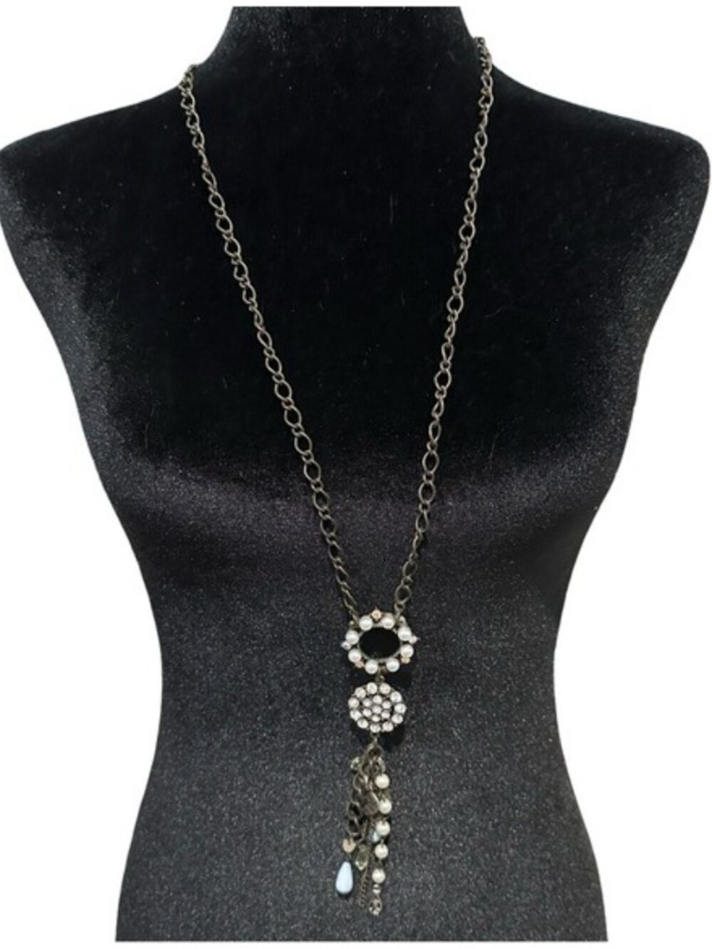 Plunder Tassel Necklace Black Faux Pearl Rhinestone Heart Long Length 32 Inch